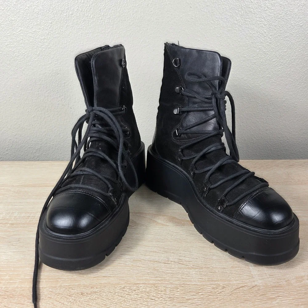 Free People Simone Wedge Boots Black Leather Suede Lace Up Women's EU 38